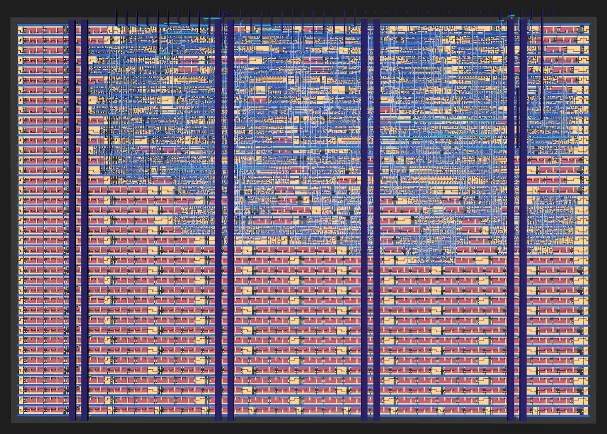 Chip layout of the SPI-PWM peripheral: rows of standard cells with metal routing, rendered from the GDS file